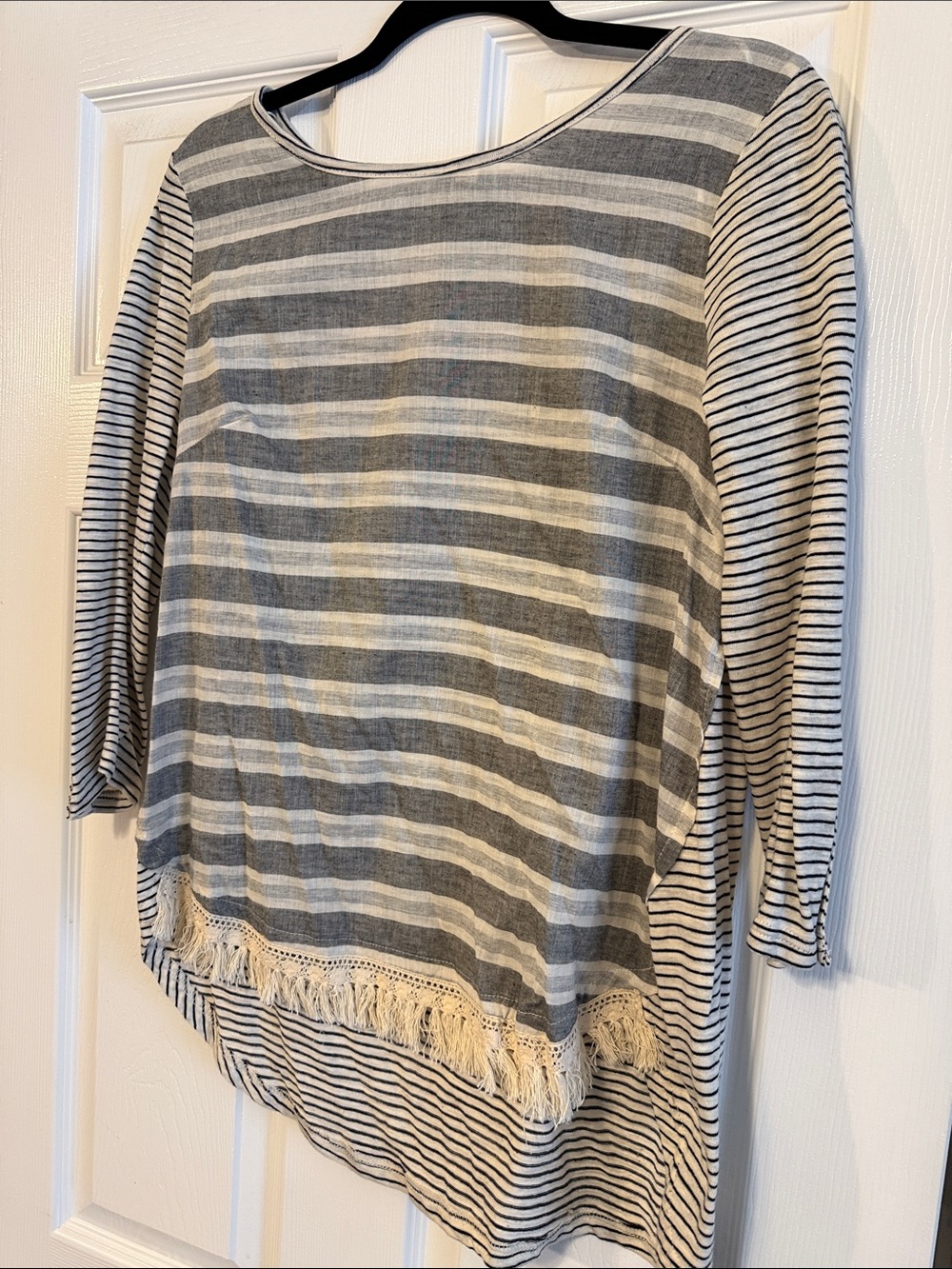 Hem & Thread Gray and White Striped Fringe Hem Tunic